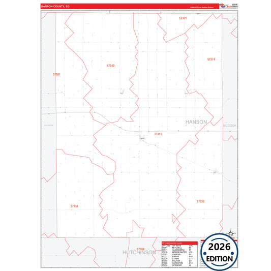 Hanson County, SD Red Line 5 Digit ZIP Code Wall Map
