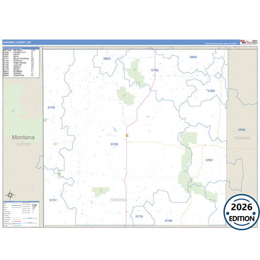 Harding County, SD Business Reference 5 Digit ZIP Code Wall Map