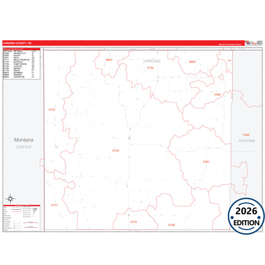 Harding County, SD Red Line 5 Digit ZIP Code Wall Map