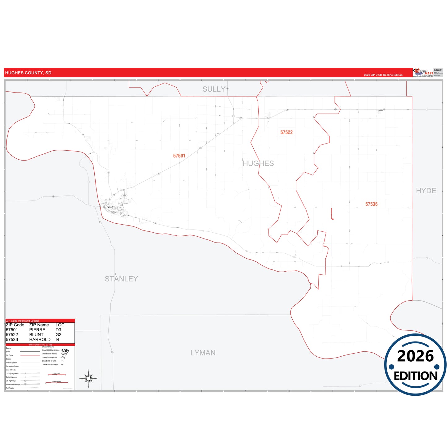 Hughes County, SD Red Line 5 Digit ZIP Code Wall Map