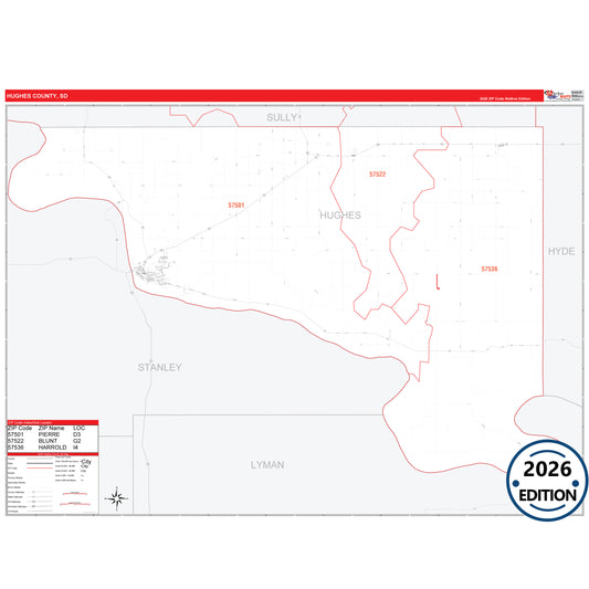 Hughes County, SD Red Line 5 Digit ZIP Code Wall Map