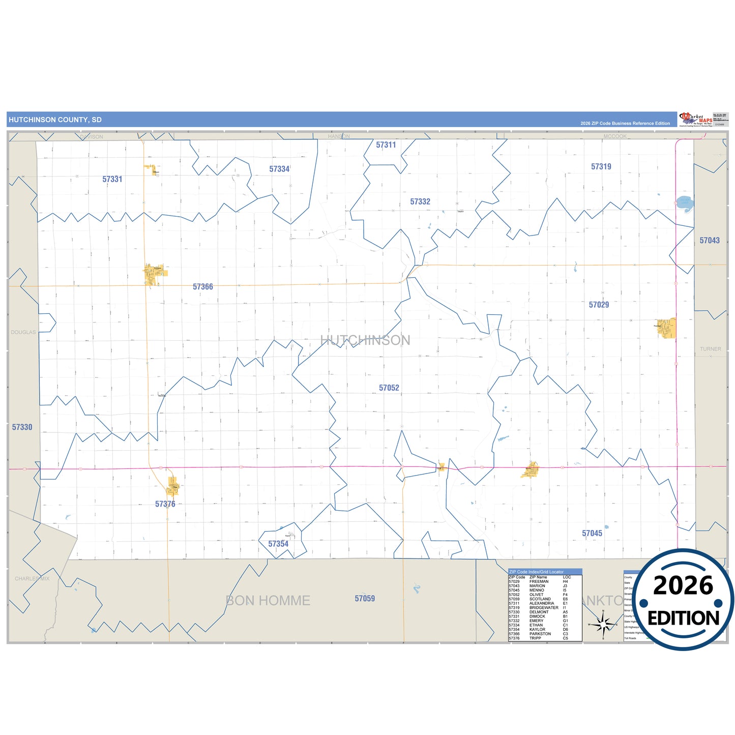 Hutchinson County, SD Business Reference 5 Digit ZIP Code Wall Map