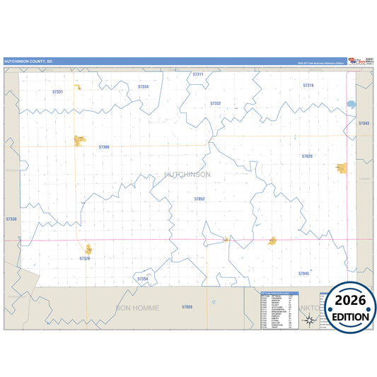Hutchinson County, SD Business Reference 5 Digit ZIP Code Wall Map