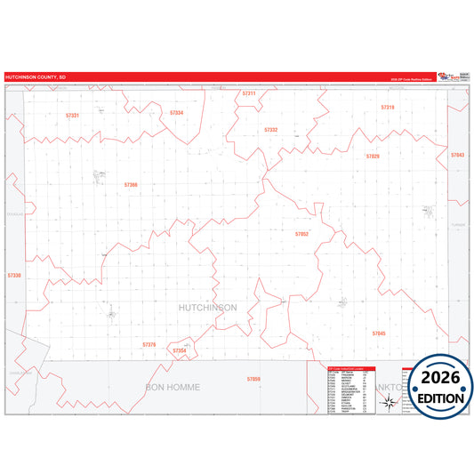Hutchinson County, SD Red Line 5 Digit ZIP Code Wall Map