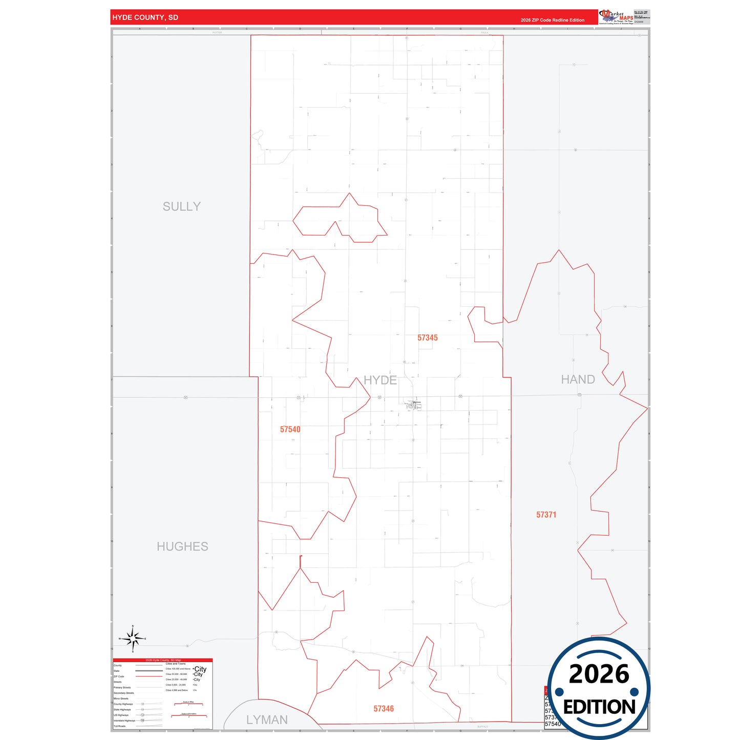 Hyde County, SD Red Line 5 Digit ZIP Code Wall Map