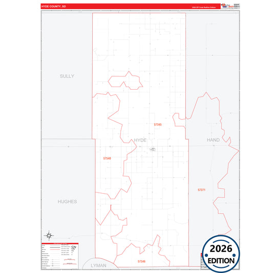 Hyde County, SD Red Line 5 Digit ZIP Code Wall Map