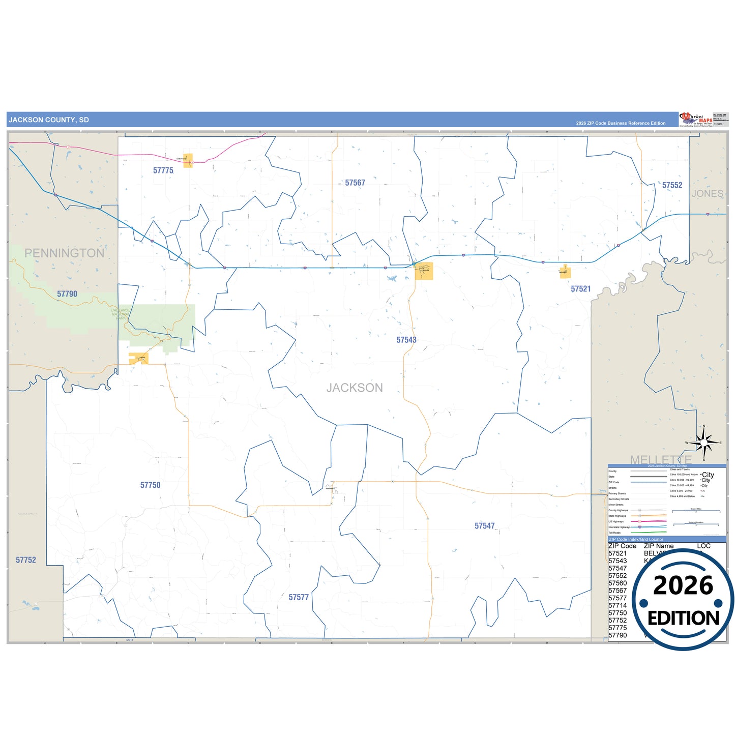 Jackson County, SD Business Reference 5 Digit ZIP Code Wall Map