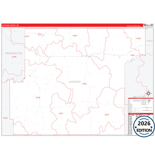 Jackson County, SD Red Line 5 Digit ZIP Code Wall Map