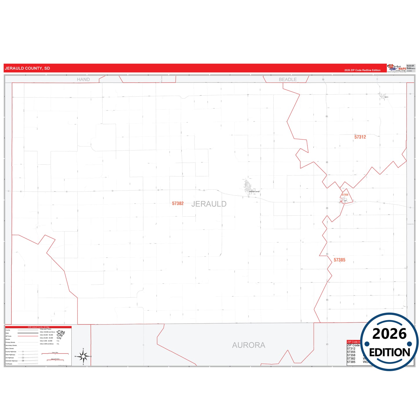 Jerauld County, SD Red Line 5 Digit ZIP Code Wall Map