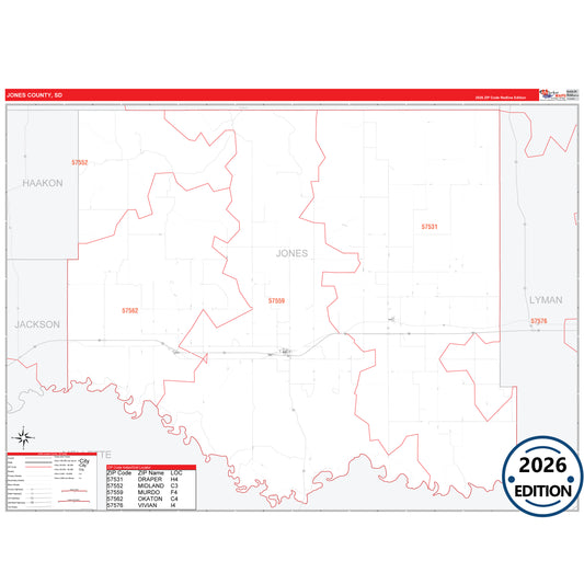 Jones County, SD Red Line 5 Digit ZIP Code Wall Map