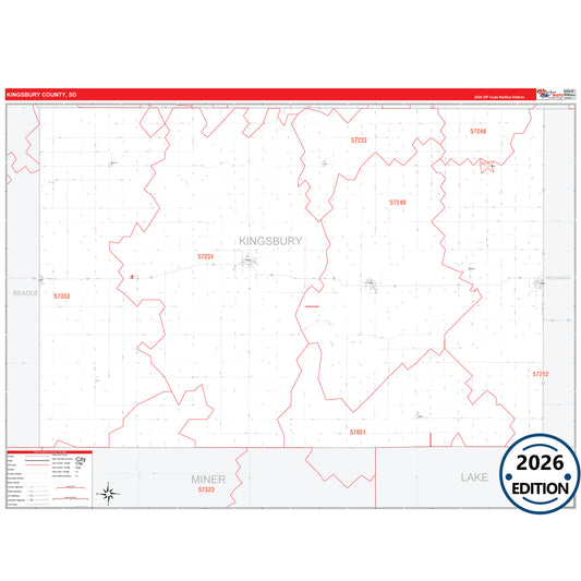 Kingsbury County, SD Red Line 5 Digit ZIP Code Wall Map