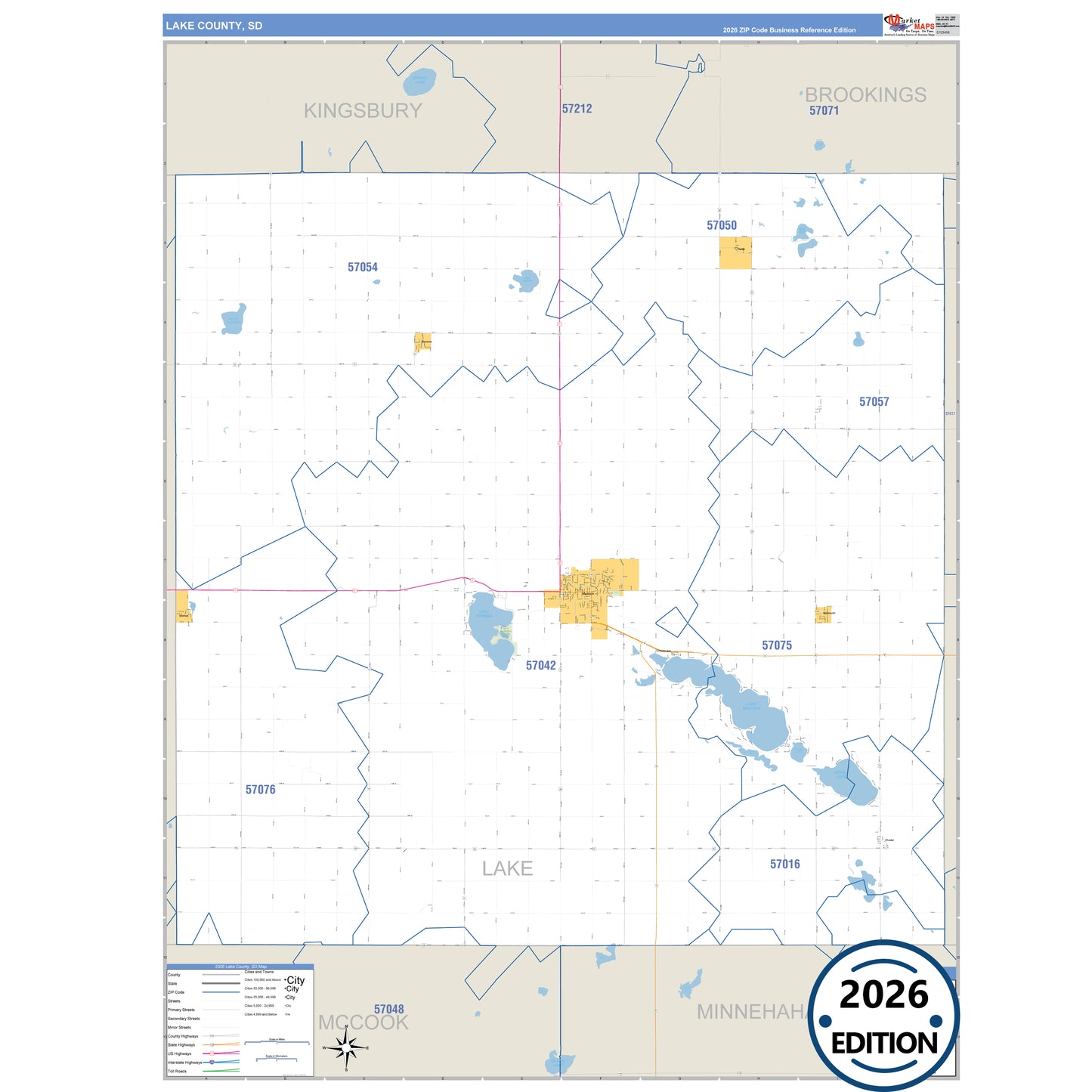 Lake County, SD Business Reference 5 Digit ZIP Code Wall Map