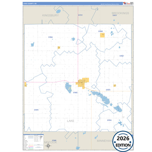 Lake County, SD Business Reference 5 Digit ZIP Code Wall Map