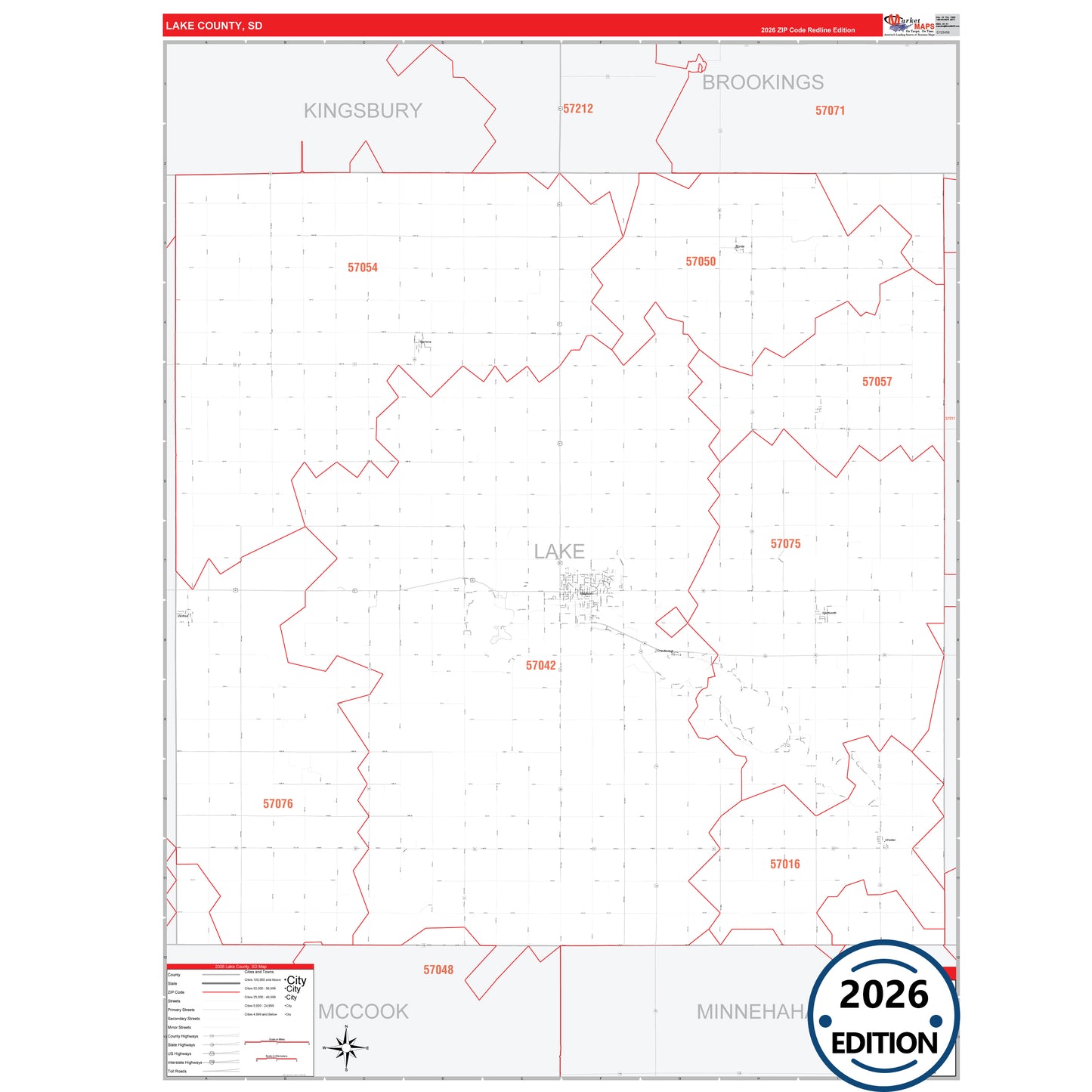 Lake County, SD Red Line 5 Digit ZIP Code Wall Map