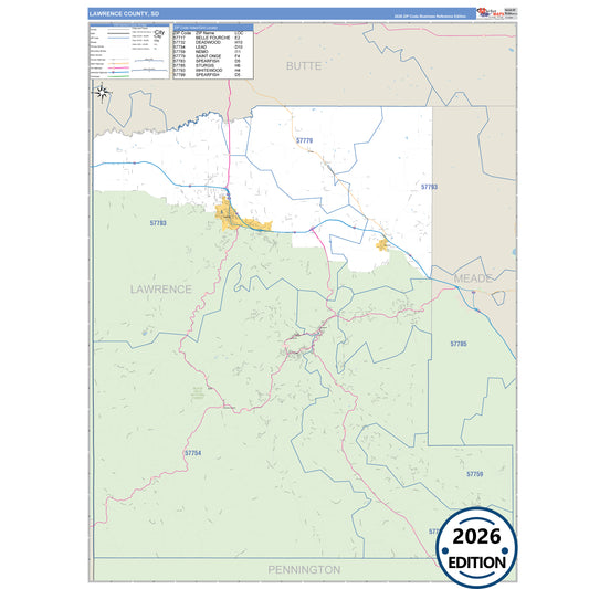 Lawrence County, SD Business Reference 5 Digit ZIP Code Wall Map