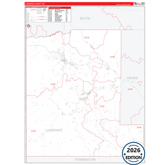 Lawrence County, SD Red Line 5 Digit ZIP Code Wall Map