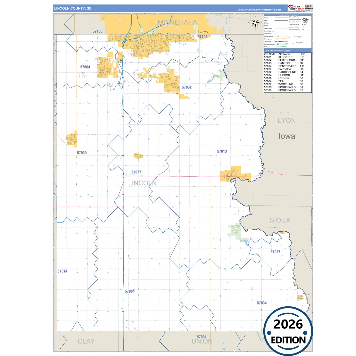 Lincoln County, SD Business Reference 5 Digit ZIP Code Wall Map
