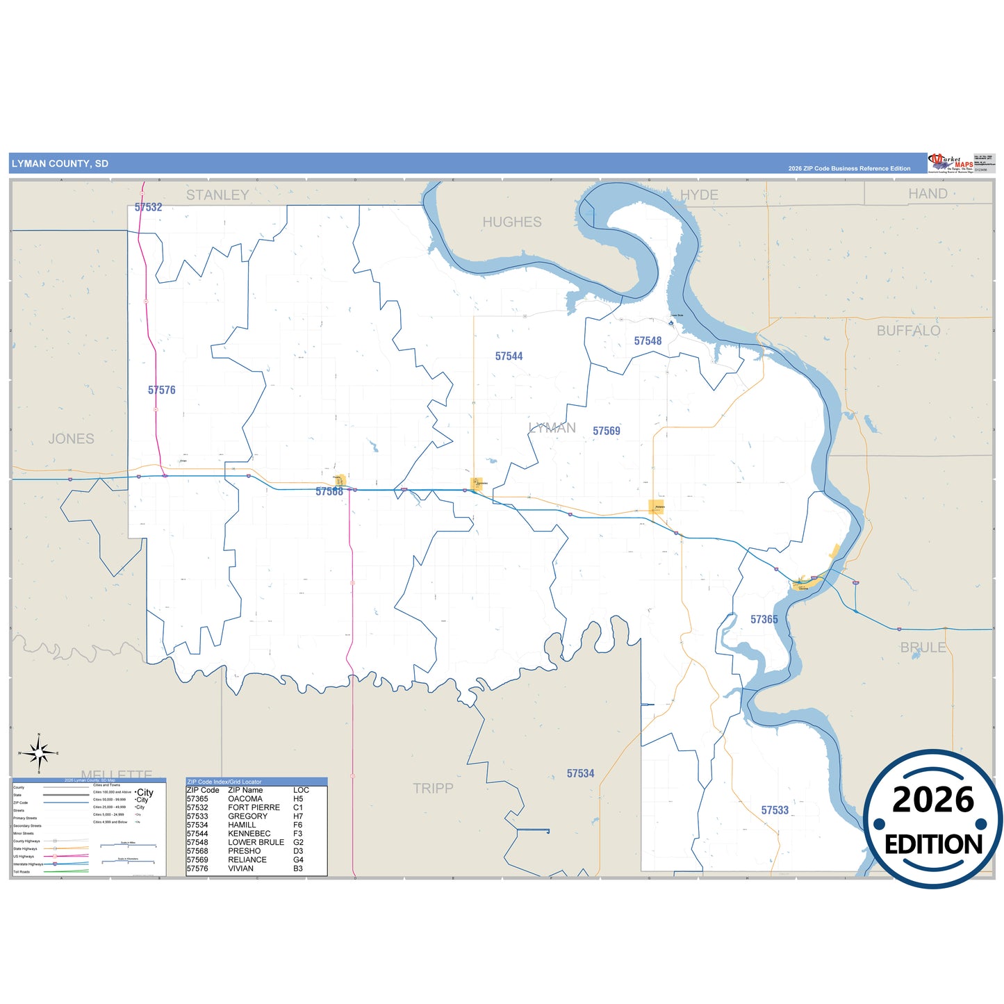 Lyman County, SD Business Reference 5 Digit ZIP Code Wall Map
