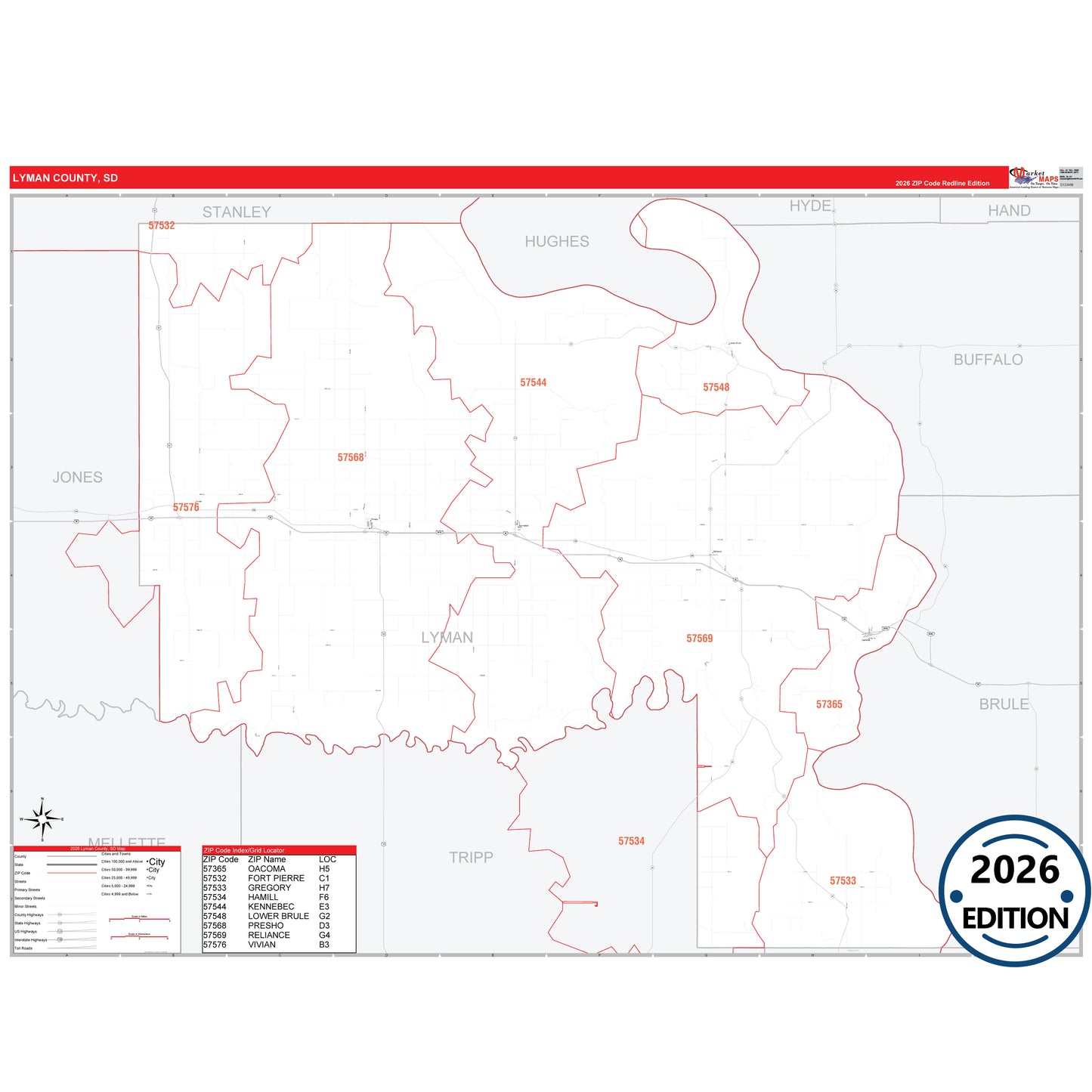 Lyman County, SD Red Line 5 Digit ZIP Code Wall Map