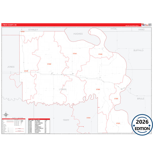 Lyman County, SD Red Line 5 Digit ZIP Code Wall Map