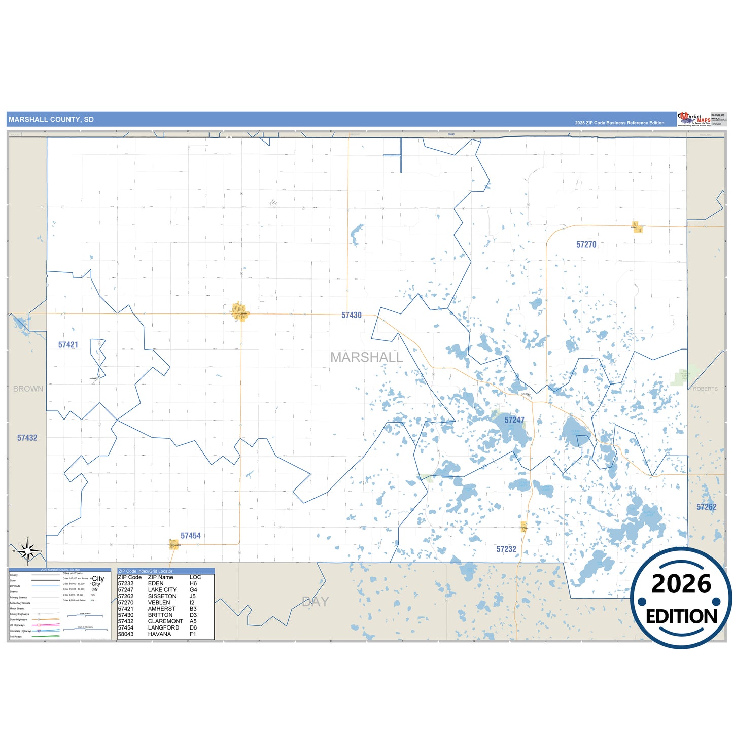 Marshall County, SD Business Reference 5 Digit ZIP Code Wall Map