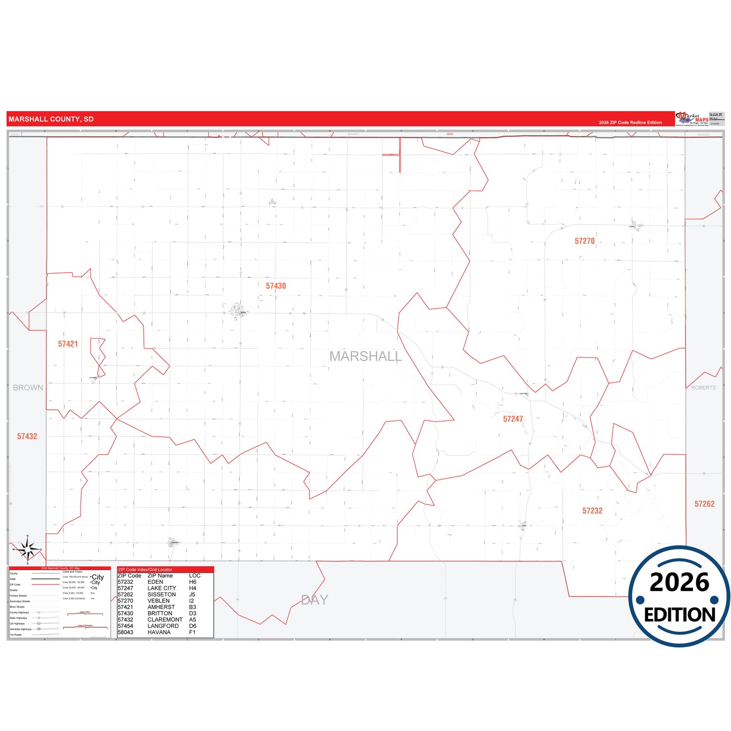 Marshall County, SD Red Line 5 Digit ZIP Code Wall Map