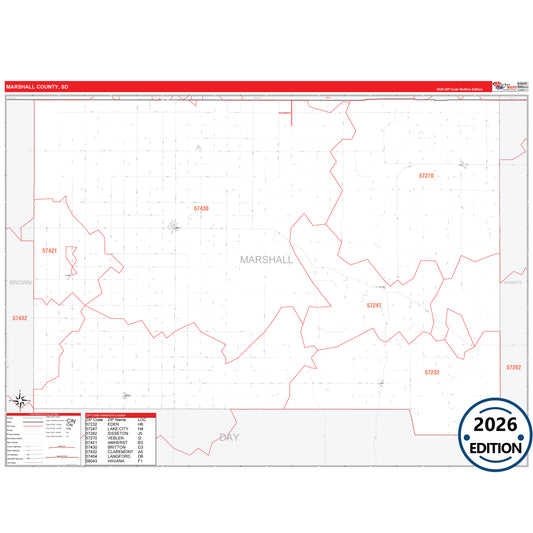 Marshall County, SD Red Line 5 Digit ZIP Code Wall Map