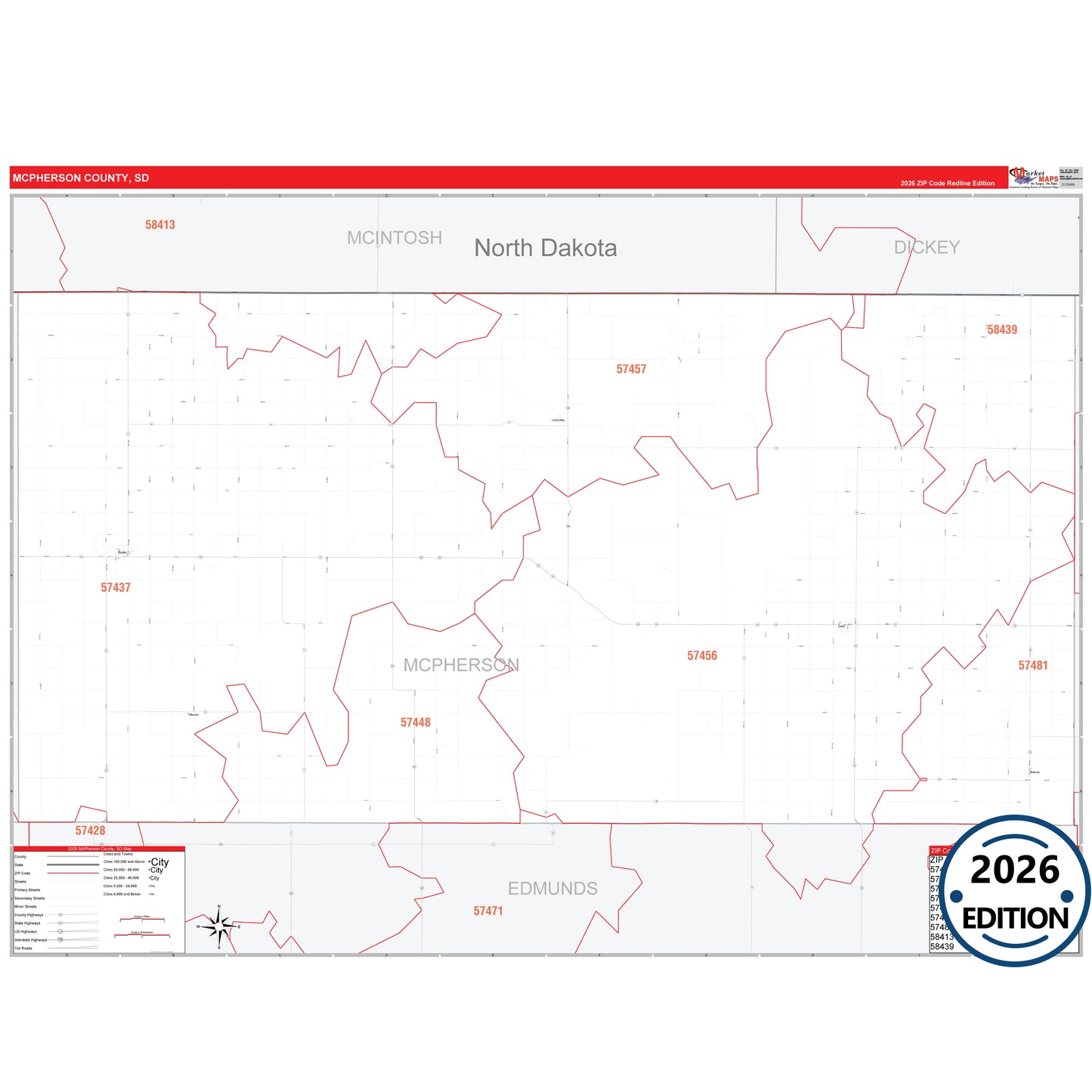 McPherson County, SD Red Line 5 Digit ZIP Code Wall Map