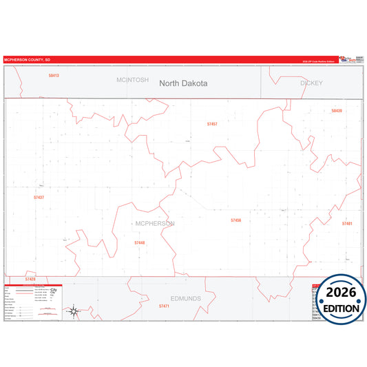 McPherson County, SD Red Line 5 Digit ZIP Code Wall Map