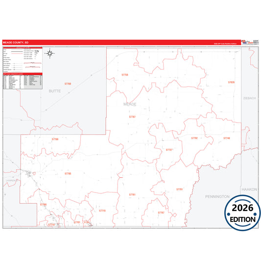 Meade County, SD Red Line 5 Digit ZIP Code Wall Map