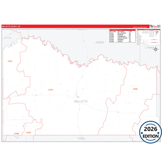 Mellette County, SD Red Line 5 Digit ZIP Code Wall Map