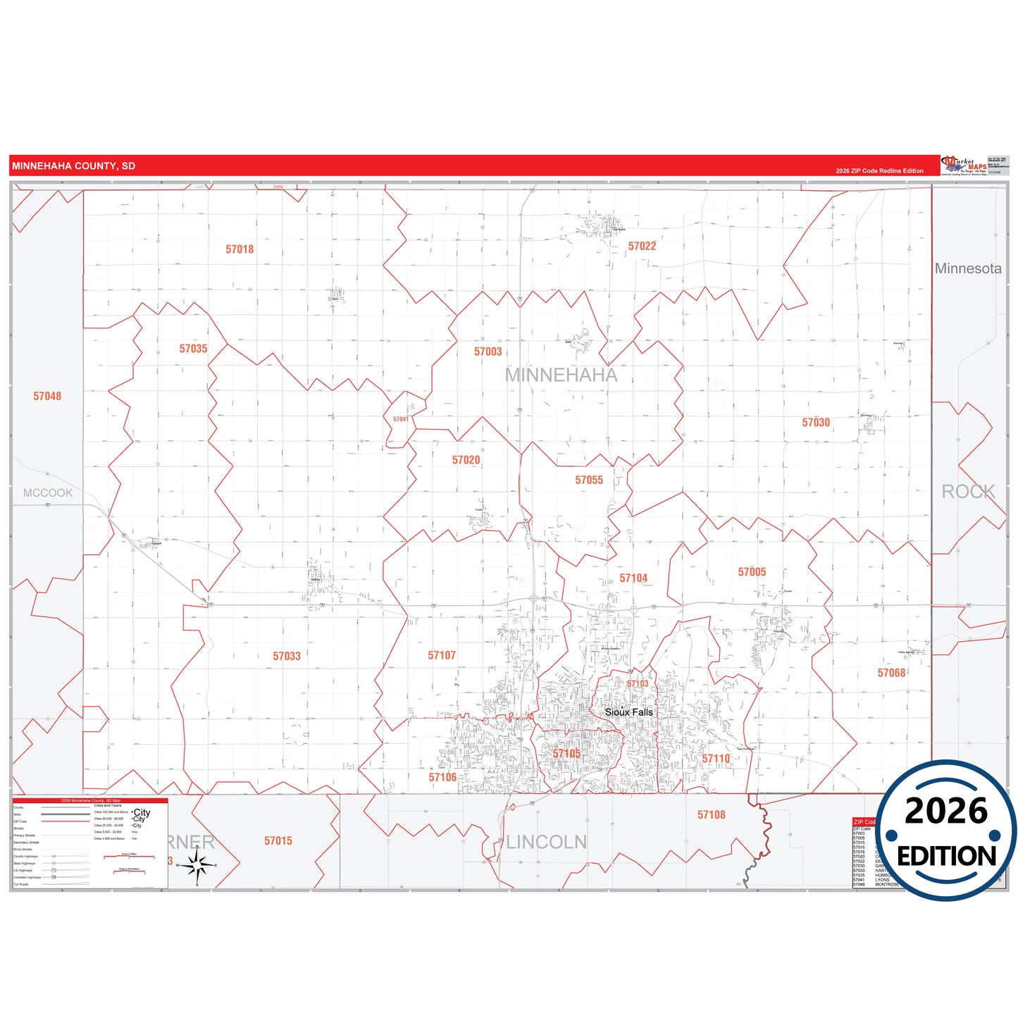 Minnehaha County, SD Red Line 5 Digit ZIP Code Wall Map