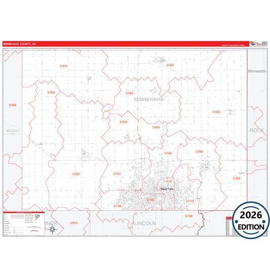 Minnehaha County, SD Red Line 5 Digit ZIP Code Wall Map