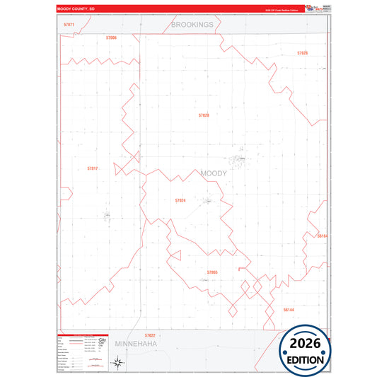 Moody County, SD Red Line 5 Digit ZIP Code Wall Map
