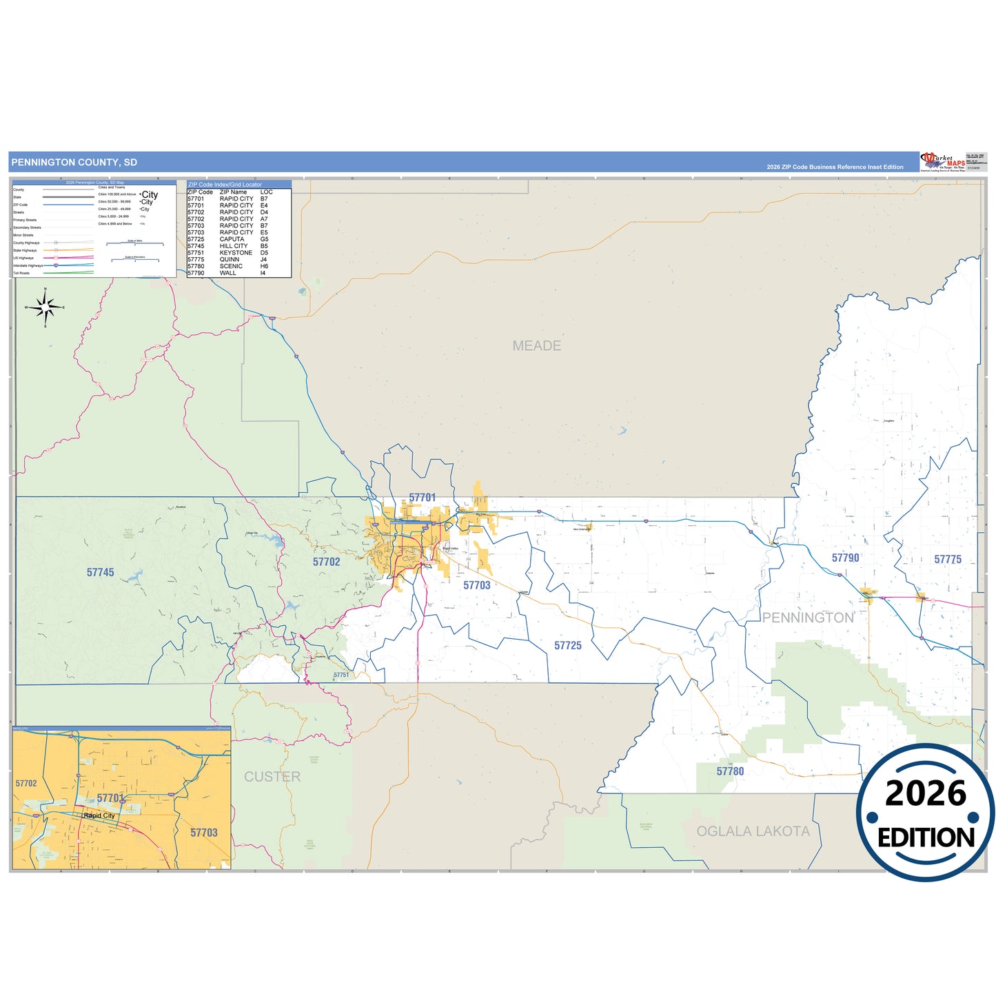 Pennington County, SD Business Reference 5 Digit ZIP Code Wall Map