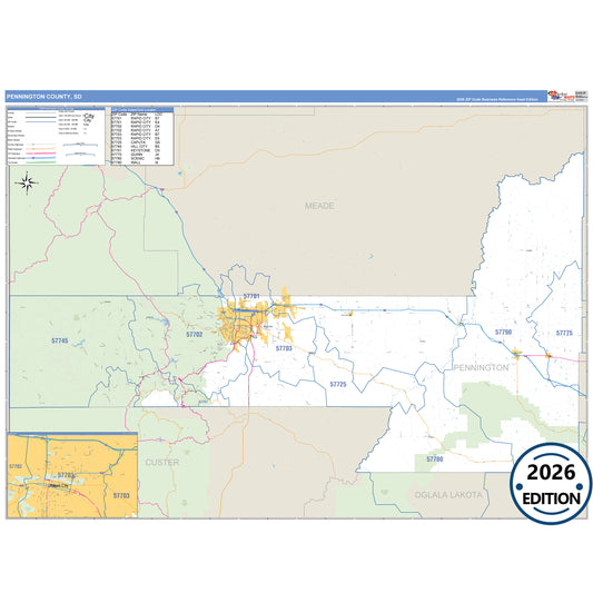 Pennington County, SD Business Reference 5 Digit ZIP Code Wall Map