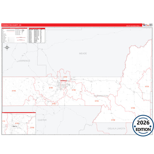 Pennington County, SD Red Line 5 Digit ZIP Code Wall Map
