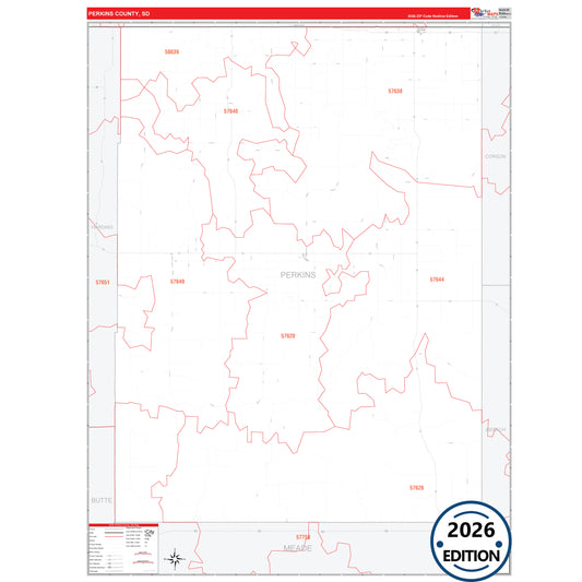 Perkins County, SD Red Line 5 Digit ZIP Code Wall Map