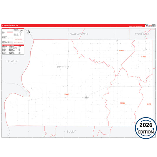 Potter County, SD Red Line 5 Digit ZIP Code Wall Map