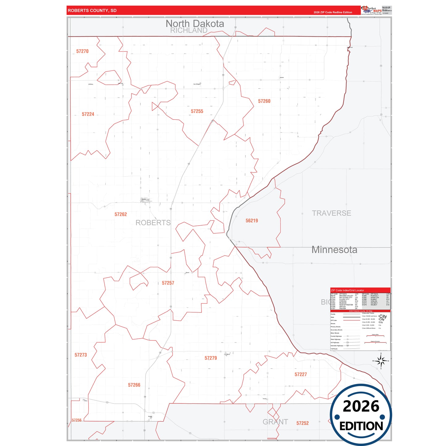 Roberts County, SD Red Line 5 Digit ZIP Code Wall Map
