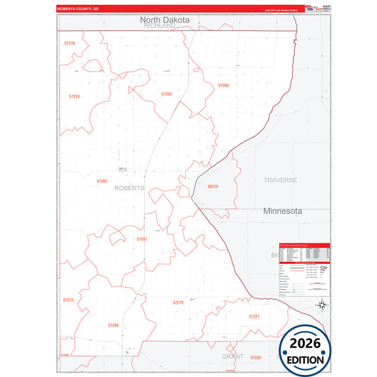 Roberts County, SD Red Line 5 Digit ZIP Code Wall Map