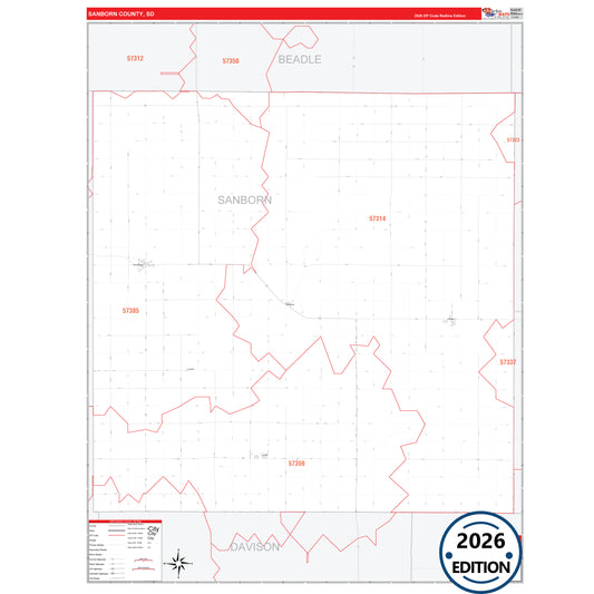 Sanborn County, SD Red Line 5 Digit ZIP Code Wall Map