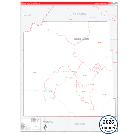 Shannon County, SD Red Line 5 Digit ZIP Code Wall Map
