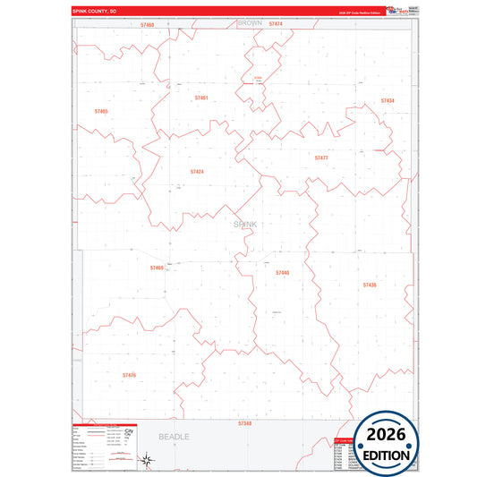 Spink County, SD Red Line 5 Digit ZIP Code Wall Map