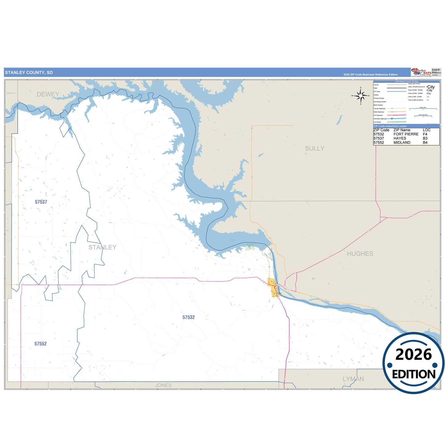 Stanley County, SD Business Reference 5 Digit ZIP Code Wall Map