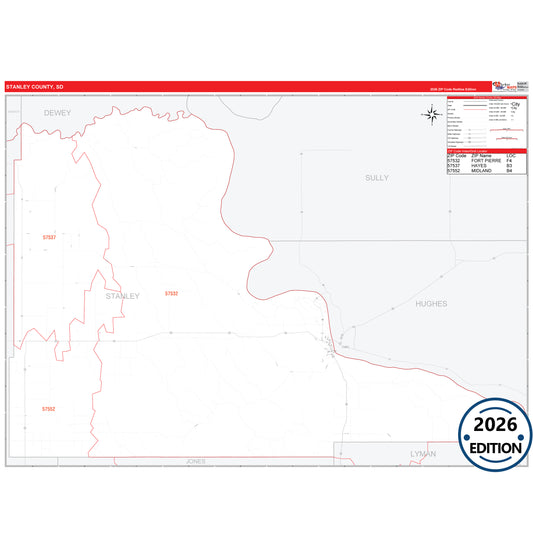 Stanley County, SD Red Line 5 Digit ZIP Code Wall Map