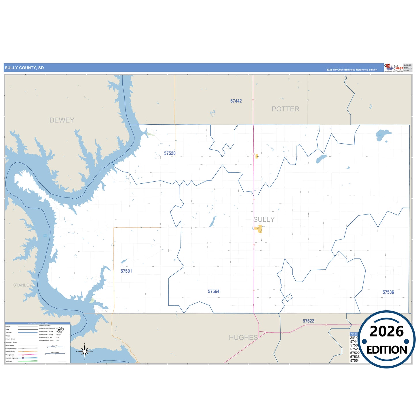 Sully County, SD Business Reference 5 Digit ZIP Code Wall Map