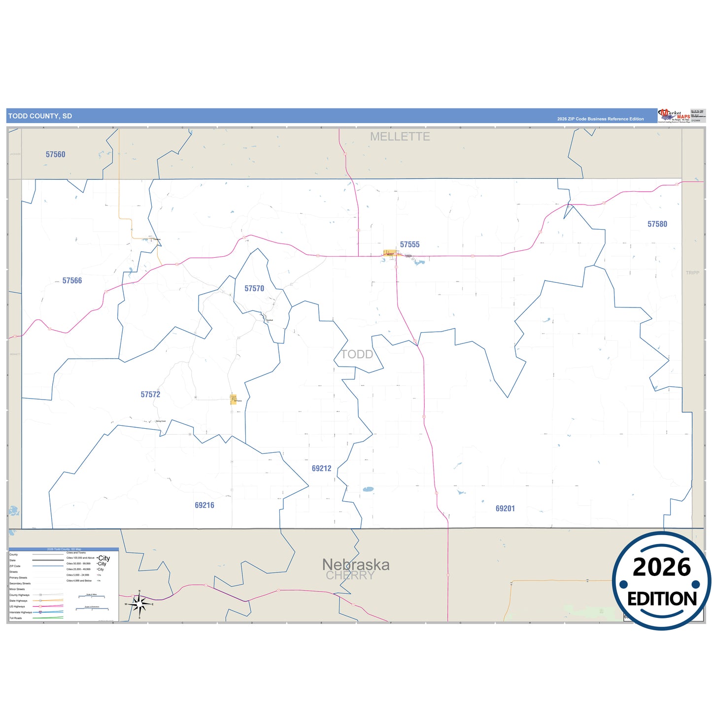 Todd County, SD Business Reference 5 Digit ZIP Code Wall Map