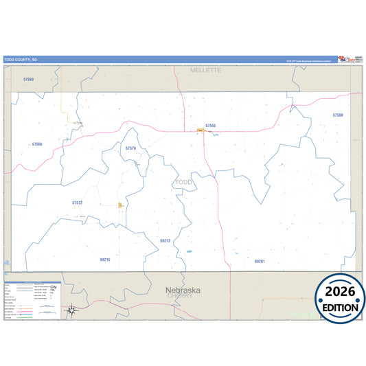 Todd County, SD Business Reference 5 Digit ZIP Code Wall Map