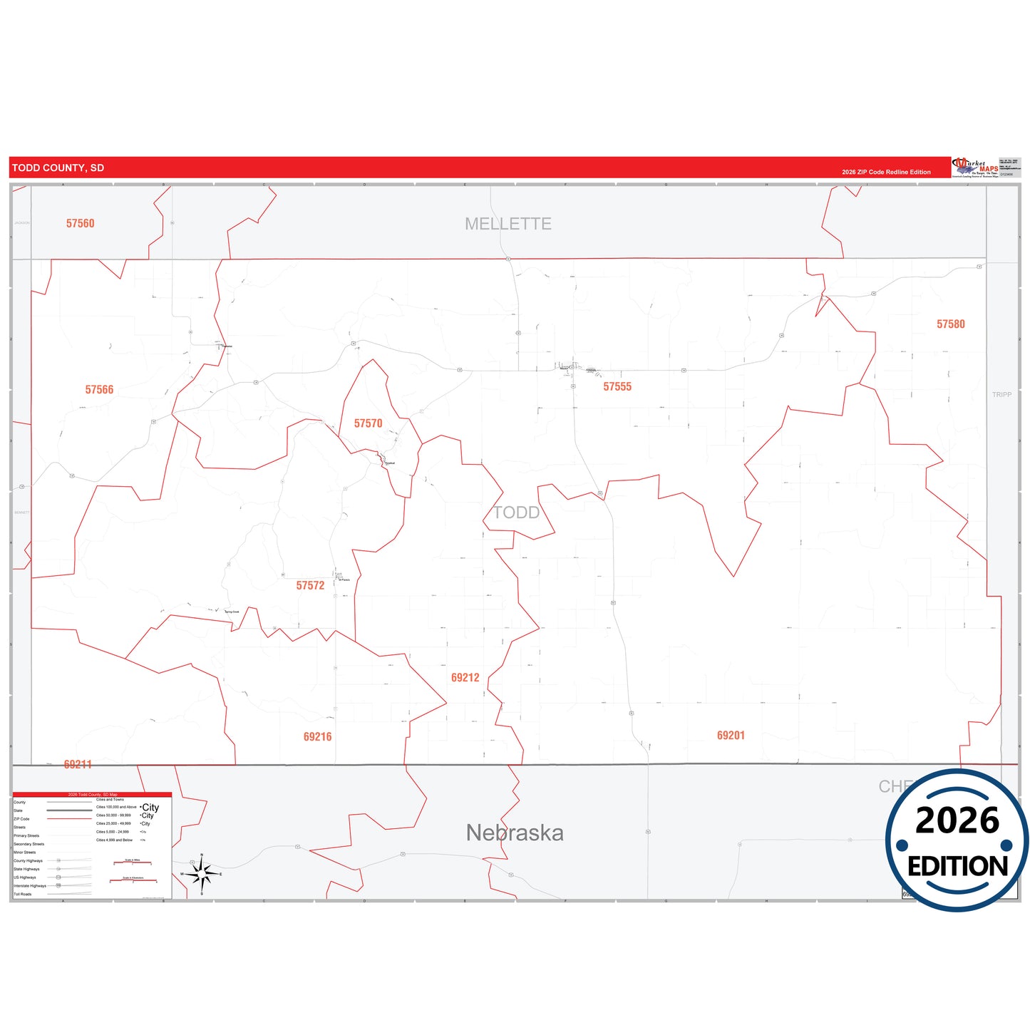 Todd County, SD Red Line 5 Digit ZIP Code Wall Map